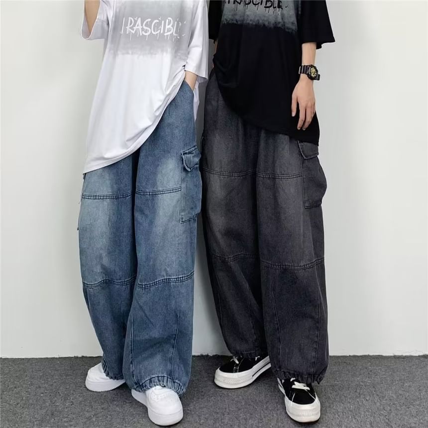 Lingaris - Mid Rise Washed Wide Leg Cargo Jeans