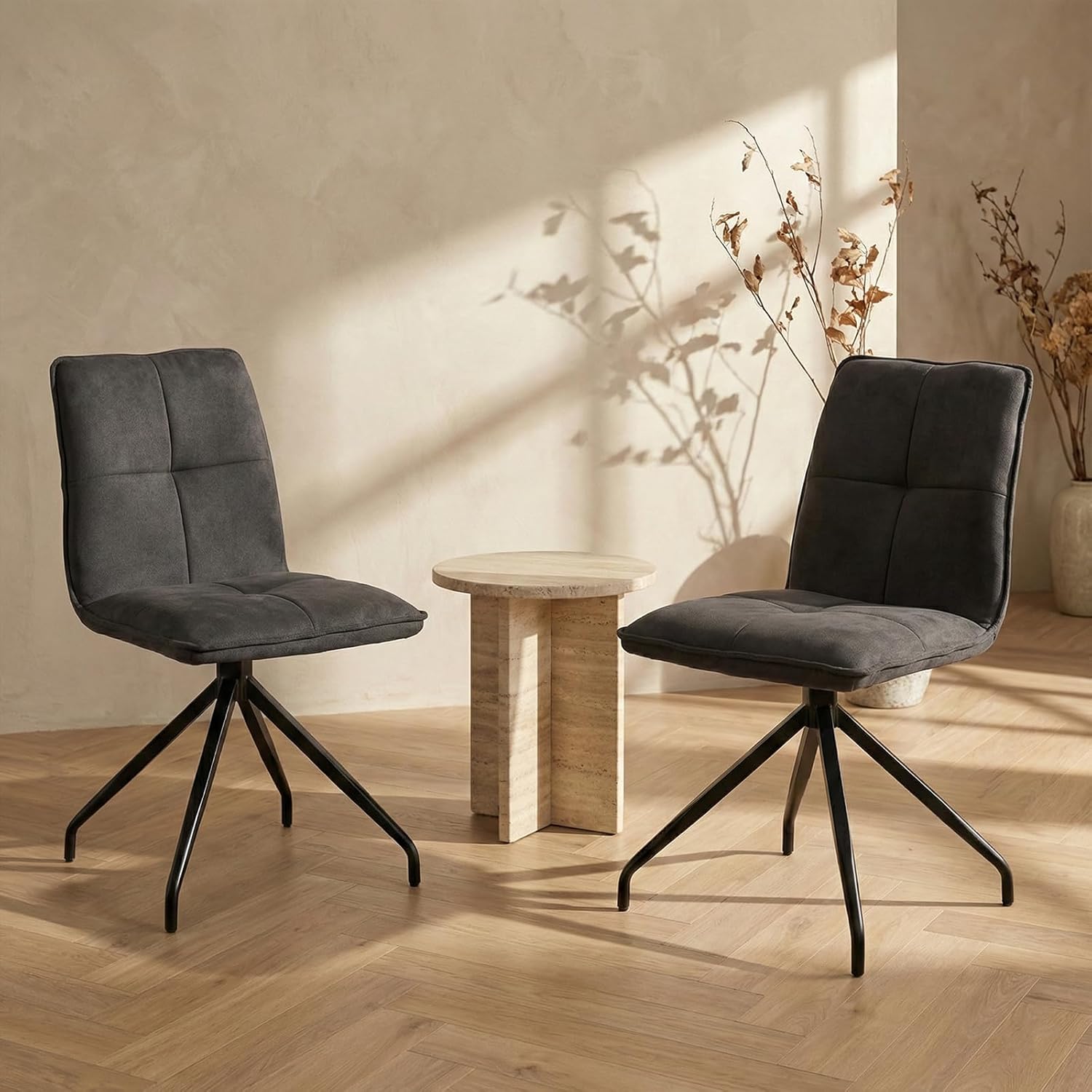 JIEXI Drehbare Esszimmerstühle, 2er-Set, Grau und Beige, Stoffoptionen, gepolstert mit schwarzem Metallfuß, 47 cm B x 60 cm T x 88 cm H (Grau)