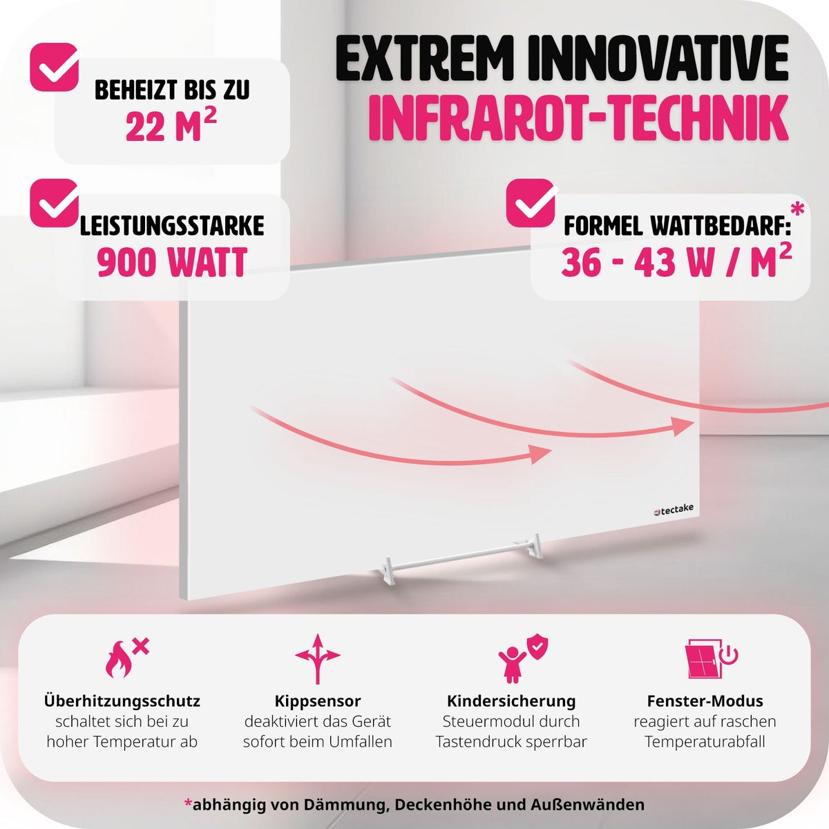 tectake frameloze infraroodstraler met thermostaat, eenvoudige wand- of plafondmontage, inclusief standaard