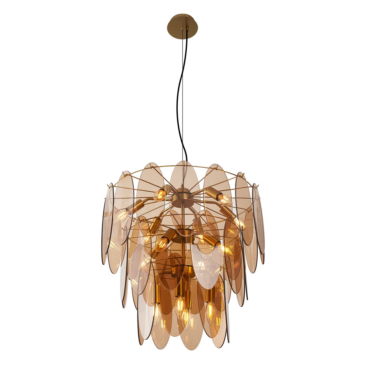 Art Deco hanglamp goud met amber glas ovaal 14-lichts - Mochan