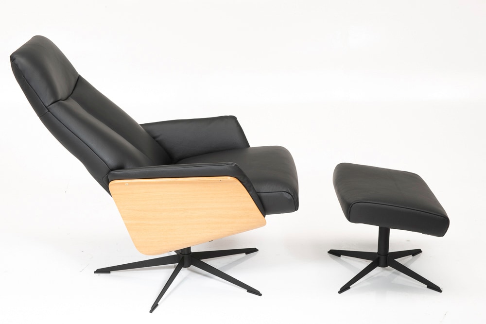CASAVANTI Ledersessel mit Hocker SOLEDA 2-teilig schwarz /Eiche