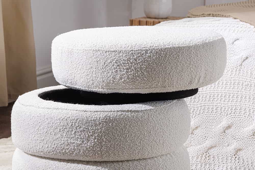 Runder Hocker VOGUE 50cm creme weiß Bouclé Polsterhocker mit Stauraum