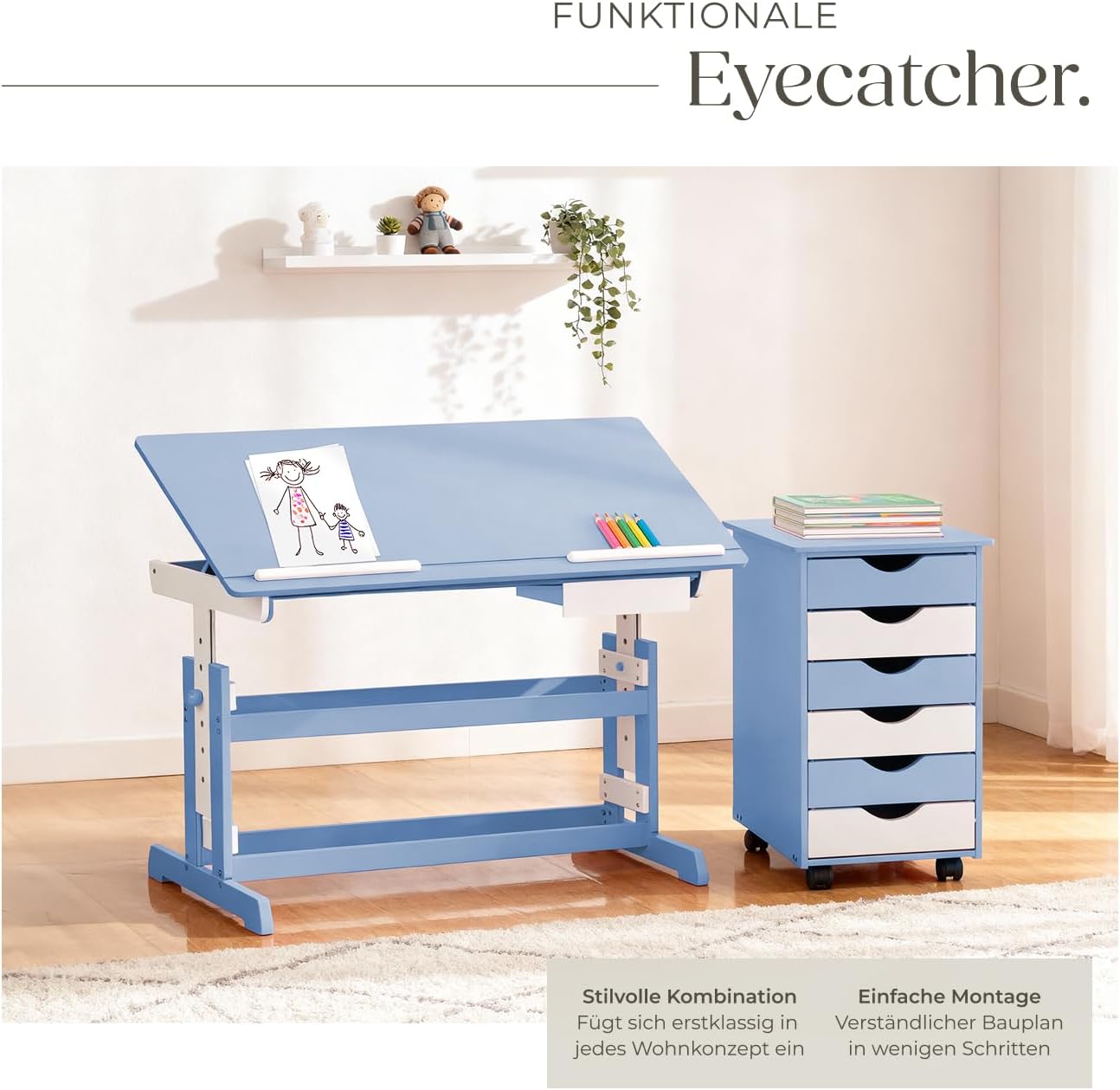 tectake® höhenverstellbarer Schreibtisch, Kindertisch, Kinderschreibtisch höhenverstellbar und neigbar mit Schreibtisch Zubehör Rollcontainer mit Schubladen, Kinderzimmer Möbel, Jugendzimmer - blau