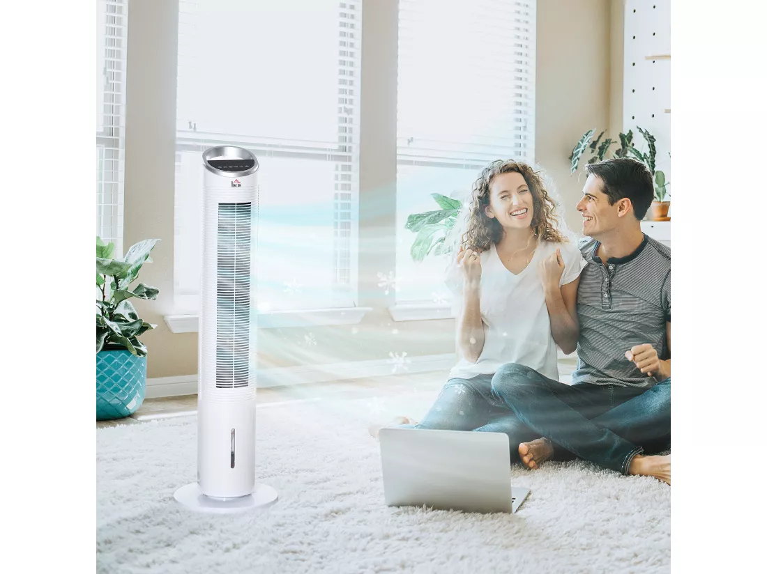 HOMCOM Ventilateur colonne rafraichisseur d'air humidificateur 3 en 1 - puissance 60 W - oscillant, silencieux - timer, 3 modes, 3 vitesses - télécommande incluse - blanc