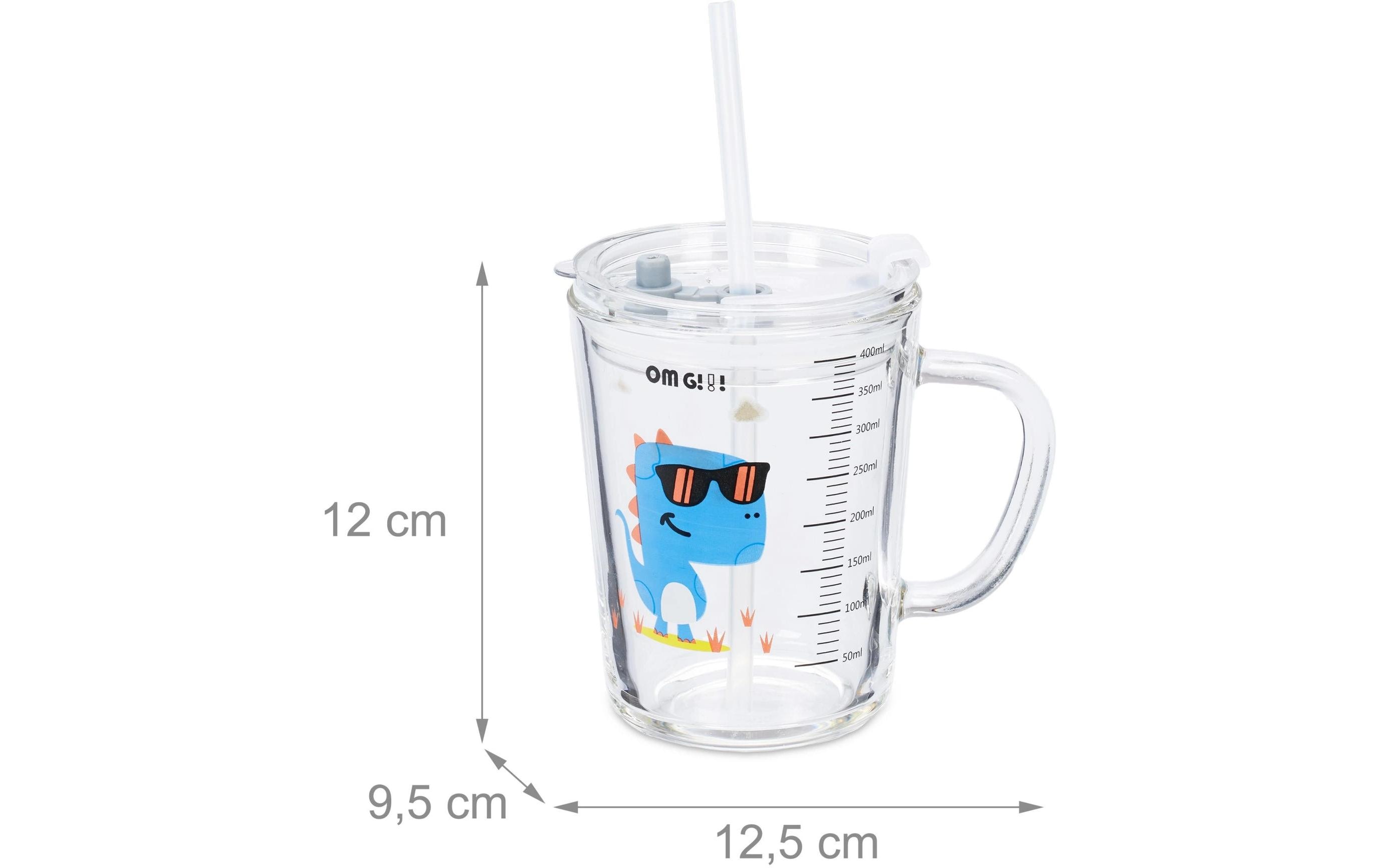 Kindertrinkglas Dino 2 Stück, 400 mlGlas mit Deckel und Strohhalm