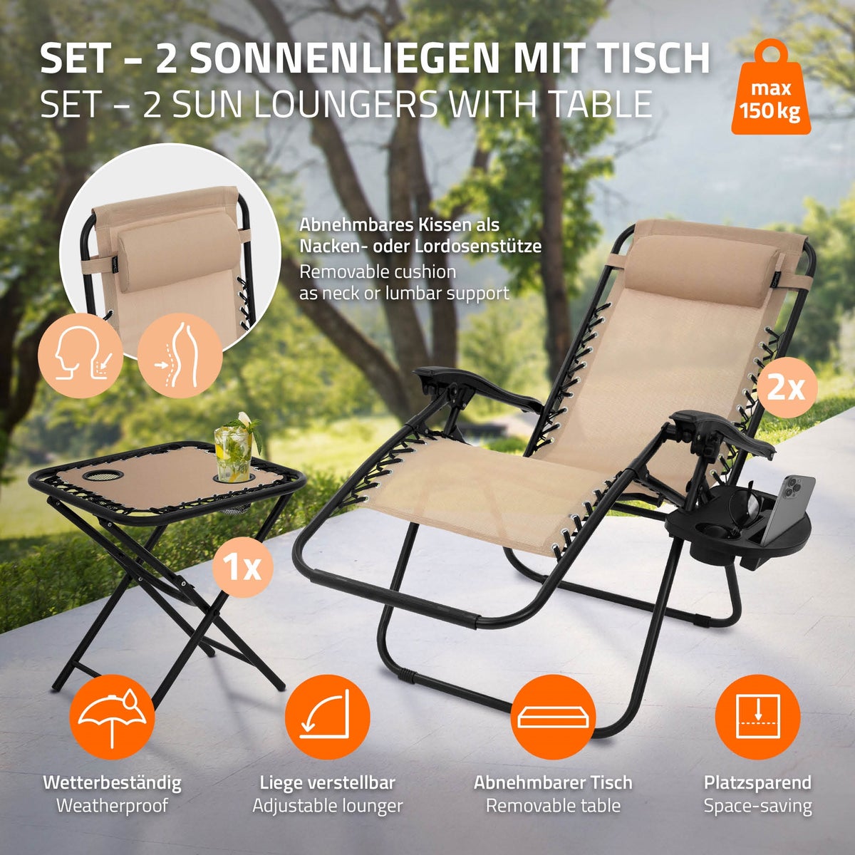 ML-Design 3-delige opvouwbare ligstoelset, tuinligstoelset met tafel, taupe, ligstoel met verstelbare hoofdsteun en rugleuning, weerbestendig/buiten, relaxstoel voor in de tuin met bekerhouder