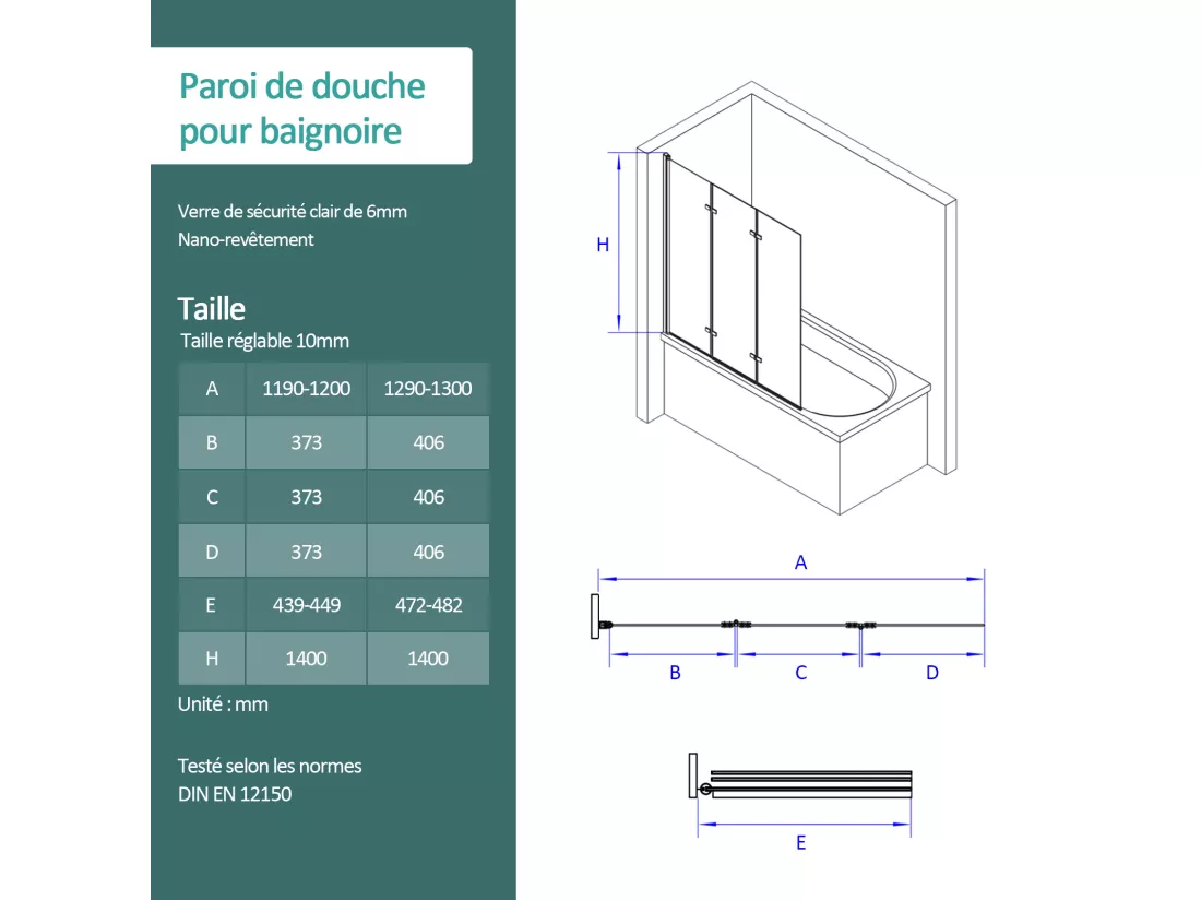 EMKE Pare de baignoire en 6 mm verre securit Paroi de douche pliable pour baignoire - 130 x 140 cm - Revêtement Nano facile à nettoyer