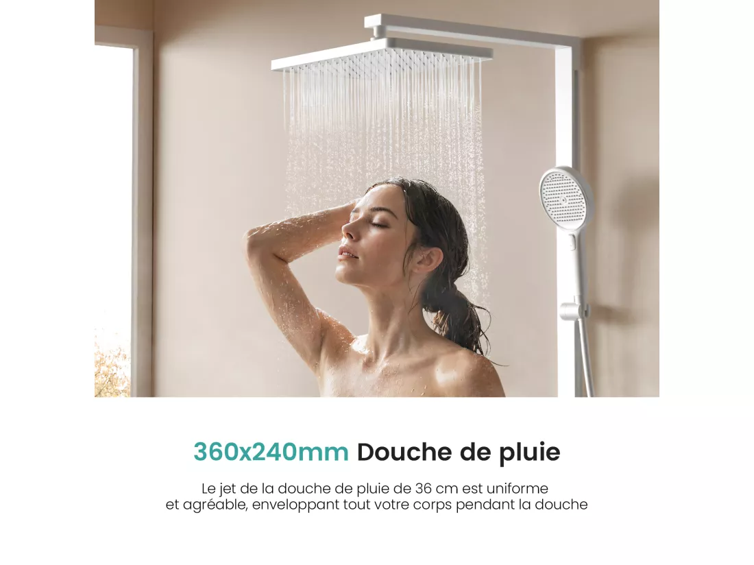 EMKE Colonne de douche Thermostat Ensemble de colonne de douche avec plaque thermostatique de 40 cm, douchette à effet pluie, Blanc