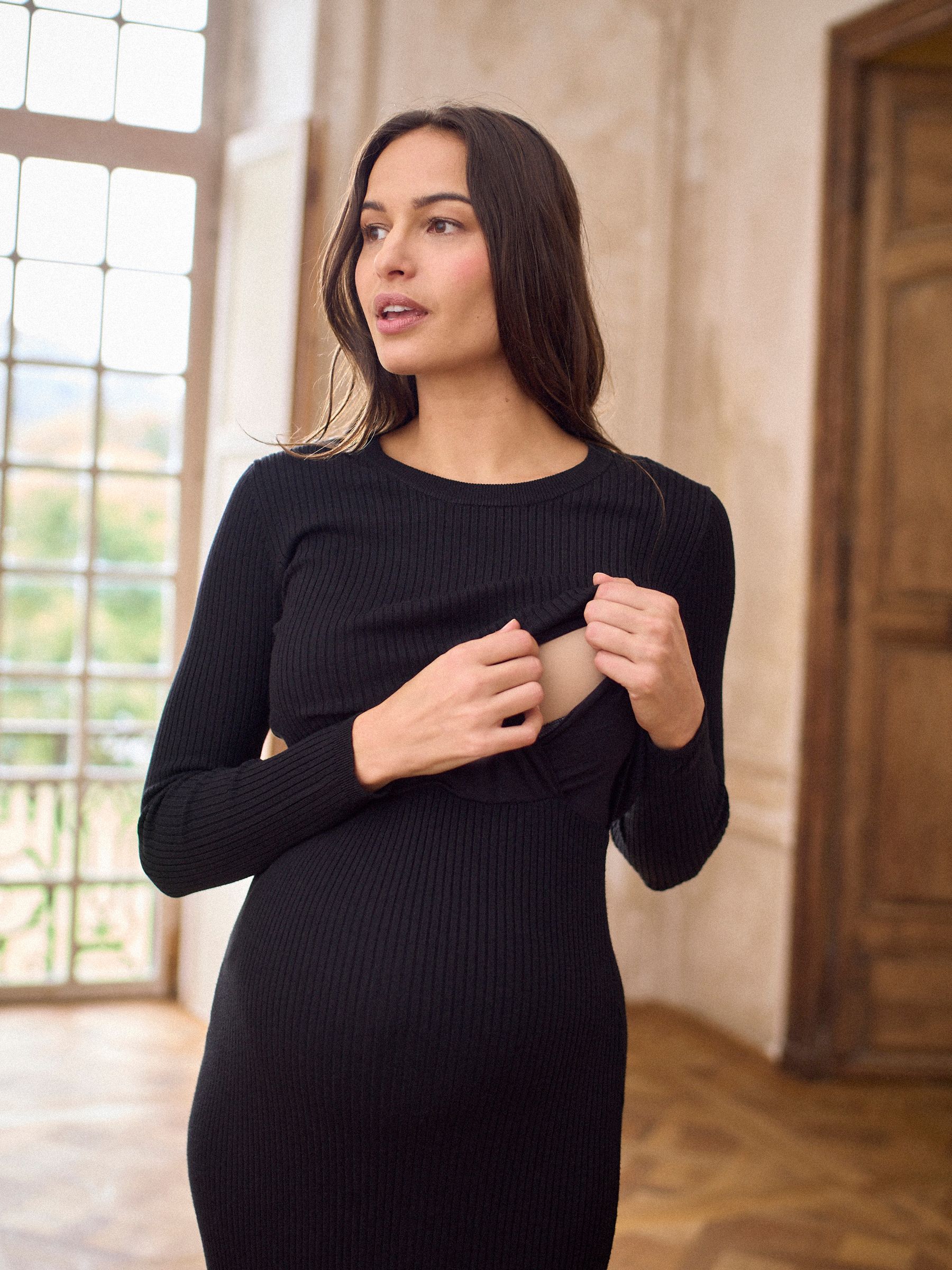 Seraphine Crew Neck Layered Knit Maternity Dress