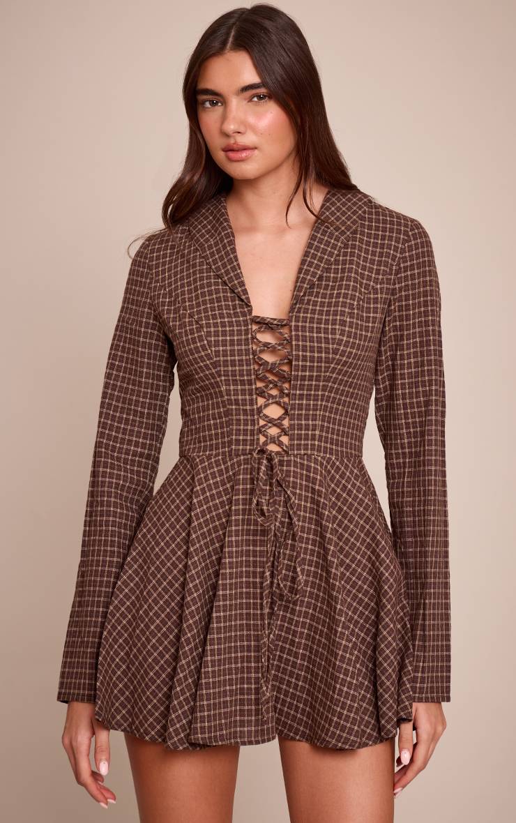 Marron Robe Droite À Carreaux À Manches Longues Avec Laçage