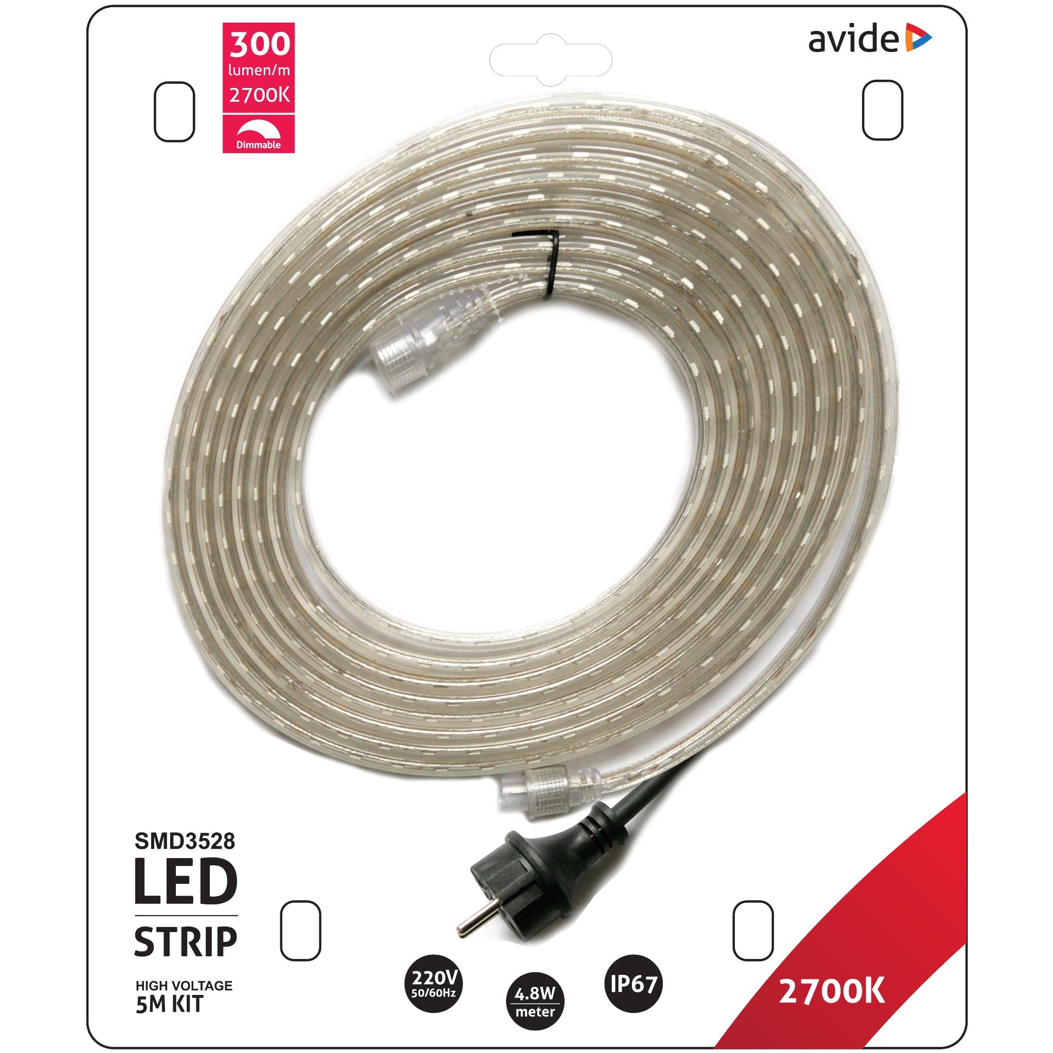 Avide LED Strip 220V 4.8W SMD3528 60LED 2700K IP67 5m