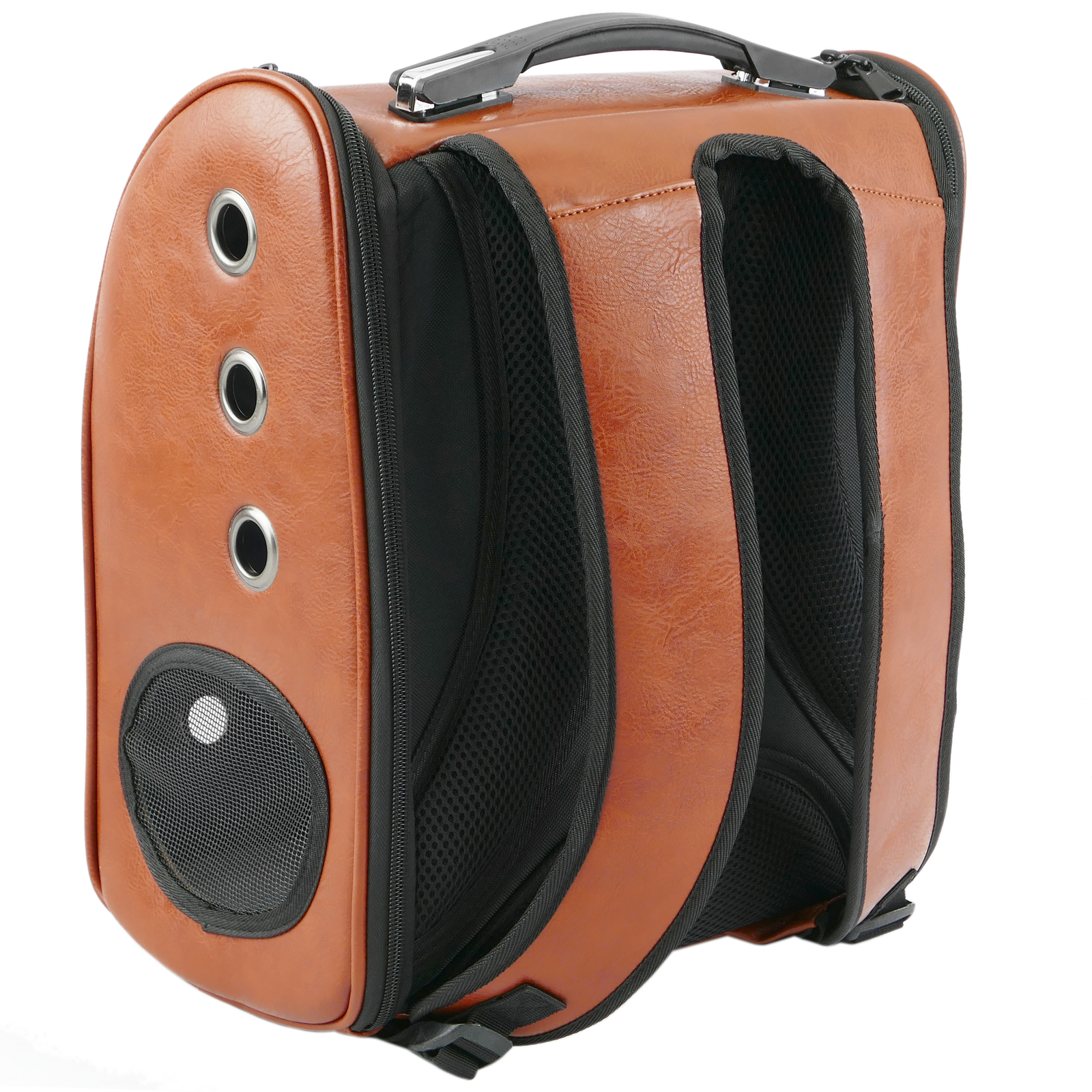 Mochila transportadora para cães e gatos, em couro sintético marrom.