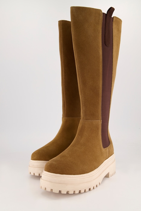 Lederstiefel, XXL-Schaft, Velours, Elastikeinsatz, Weite H