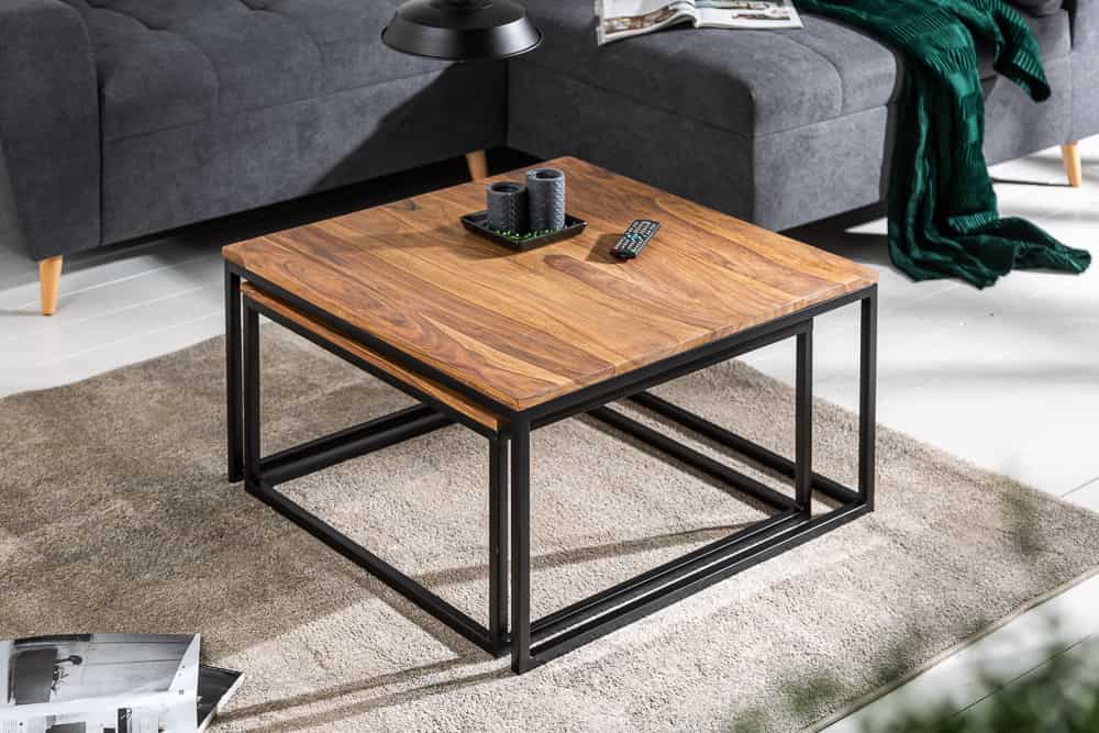 2er Set Couchtisch ELEMENTS 65cm braun Sheesham Massivholz stone finish Eisen schwarz