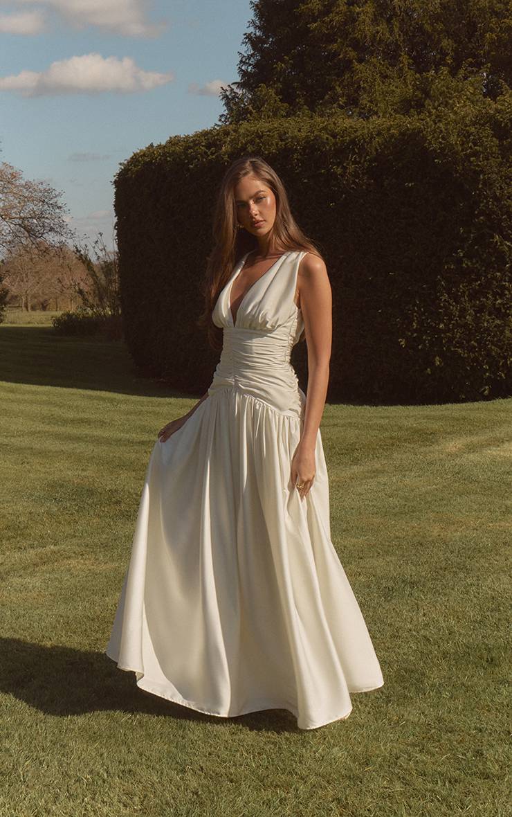 Blanc Robe Longue Satinée Froncée