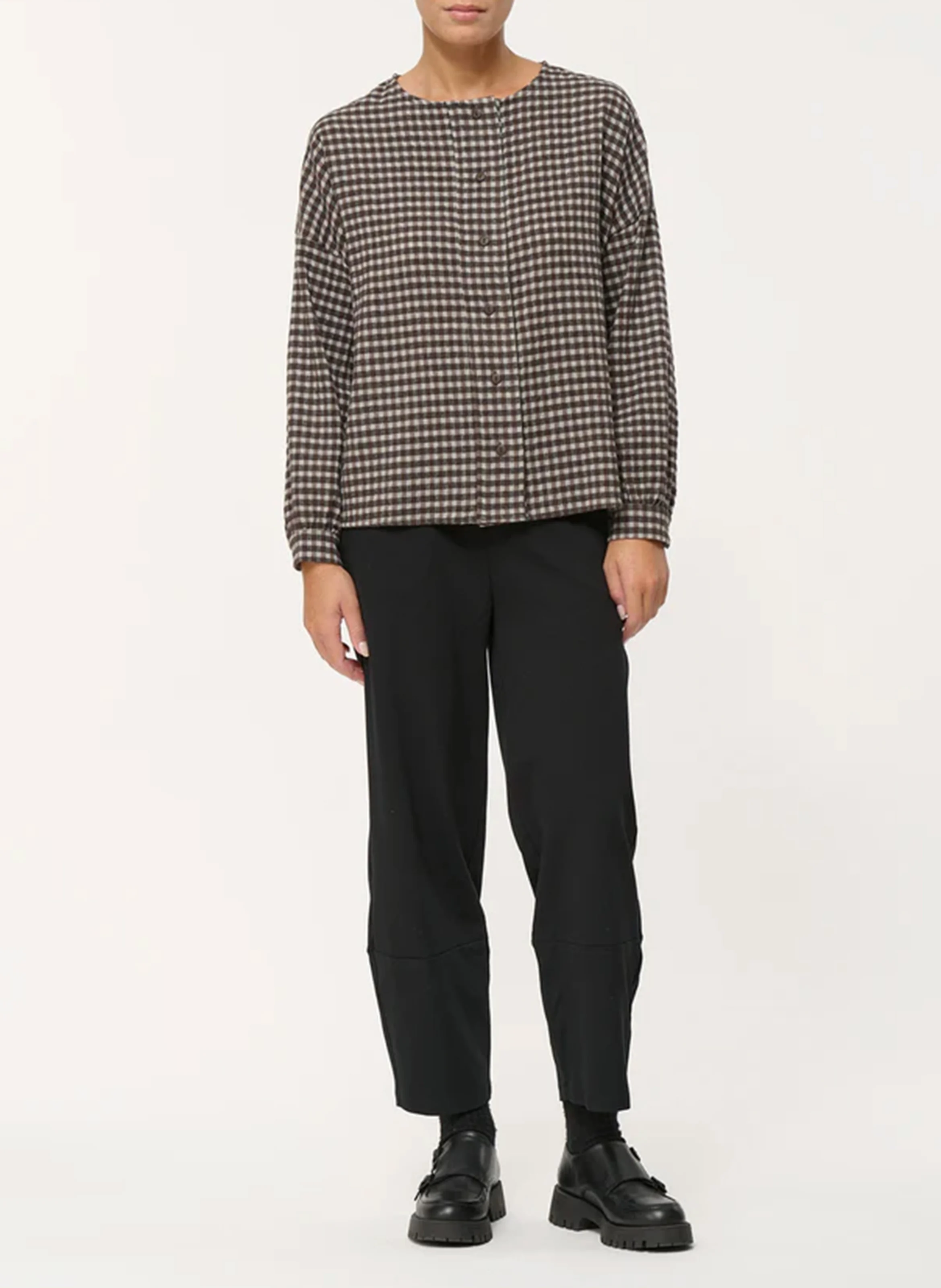 Chemise col rond ample en coton mélangé à carreaux | Marron