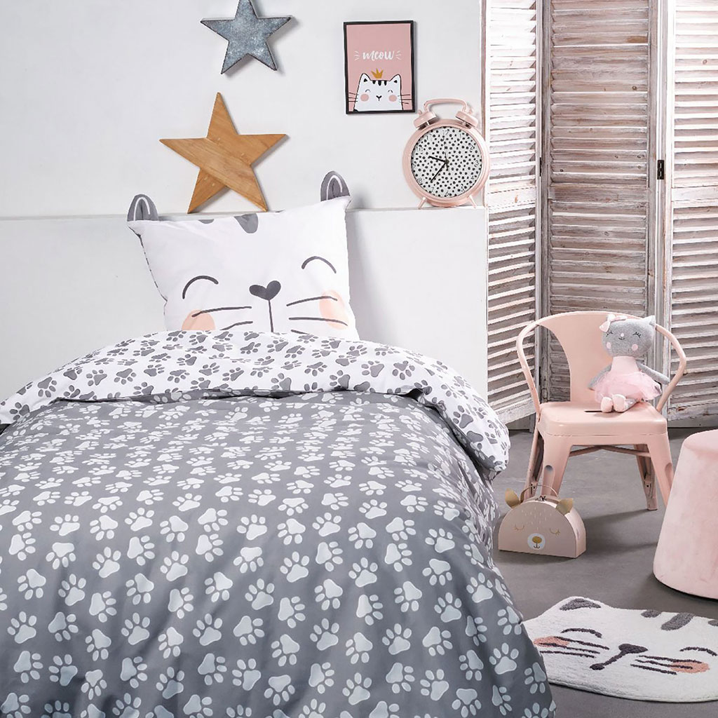 Parure de lit enfant coton chat gris 140x200cm