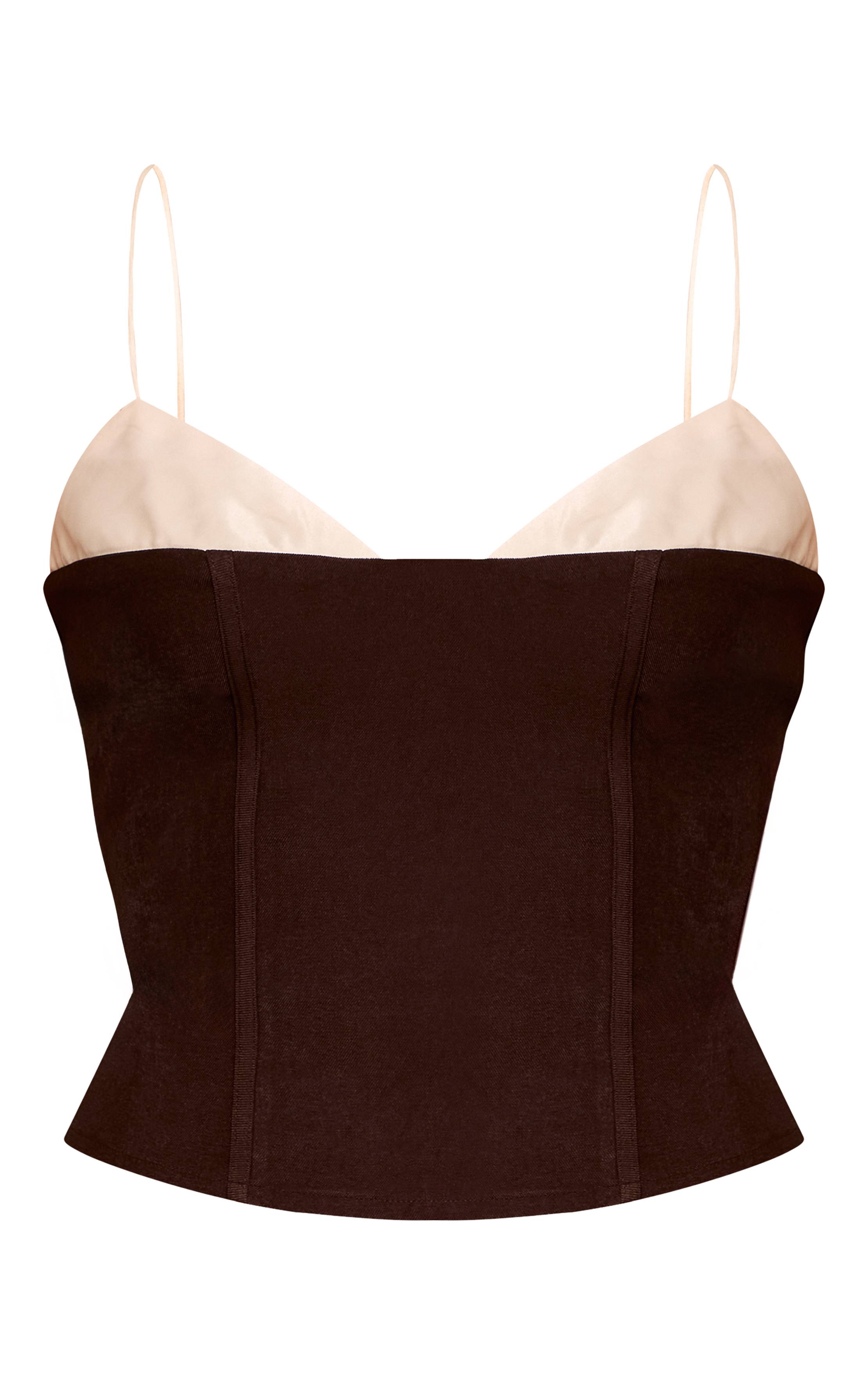 Marron Foncé Haut Caraco Ajusté Tissé À Buste Contrasté En Satin