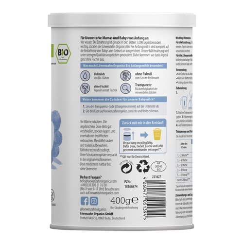 Löwenzahn Organics Bio Anfangsmilch PRE aus Vollmilch von Geburt an