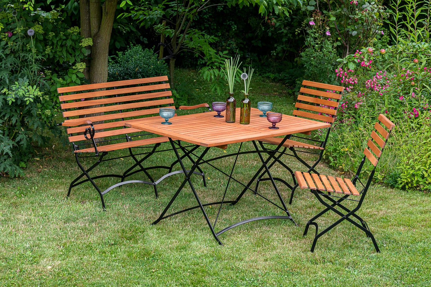 Schlossgarten tuinmeubelset, 4-delig: klapstoelen, bank, tafel 120x80 cm