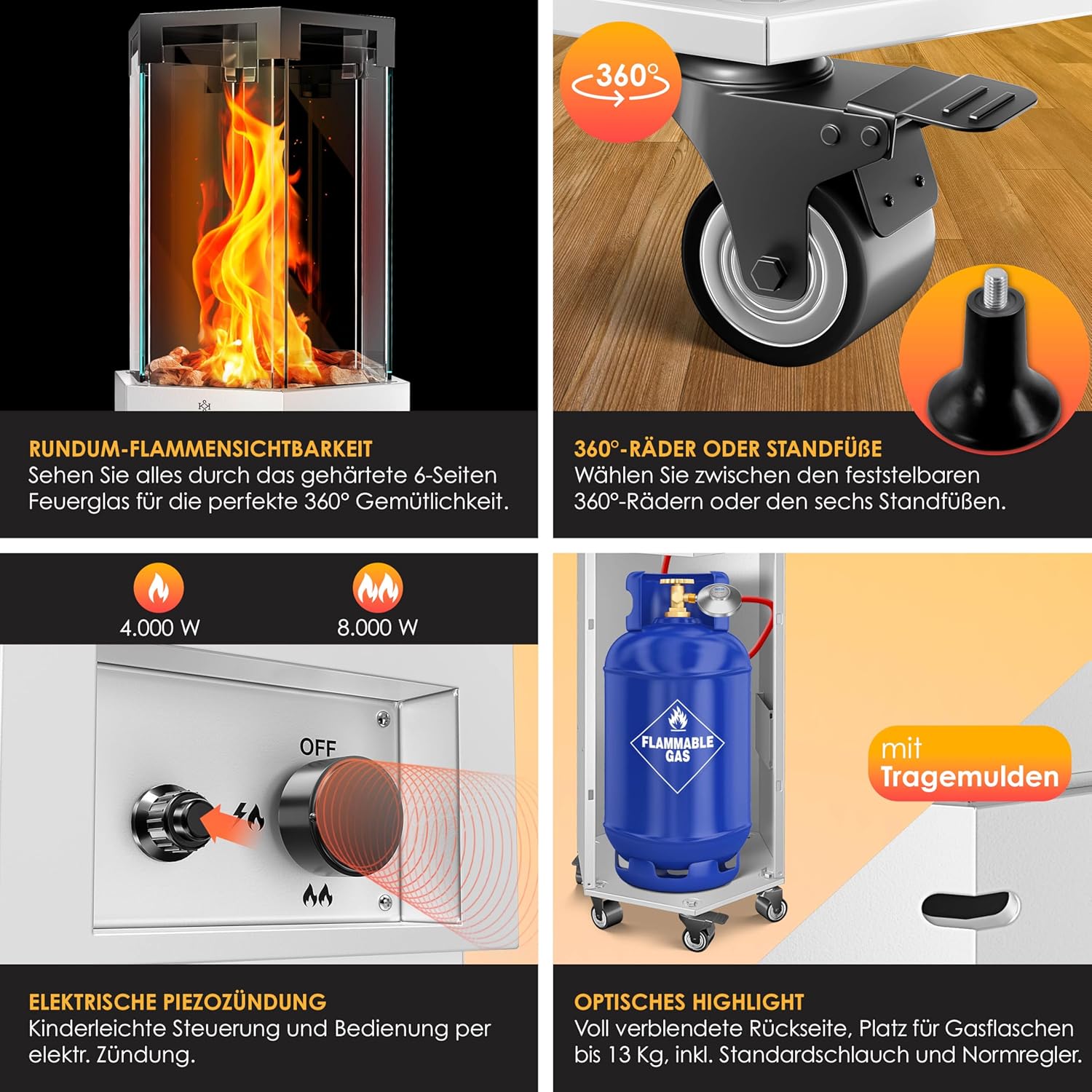 KESSER® Gasheizstrahler 4/8 kW Gas Piezozündung Heizung + Gasdruckregler + Cover, 360° Rollen Kippschutz, Terrassenheizstrahler Gasheizung Gasheizer Outdoor Kamin Mobiler Heizpilz, Heizer, Weiß