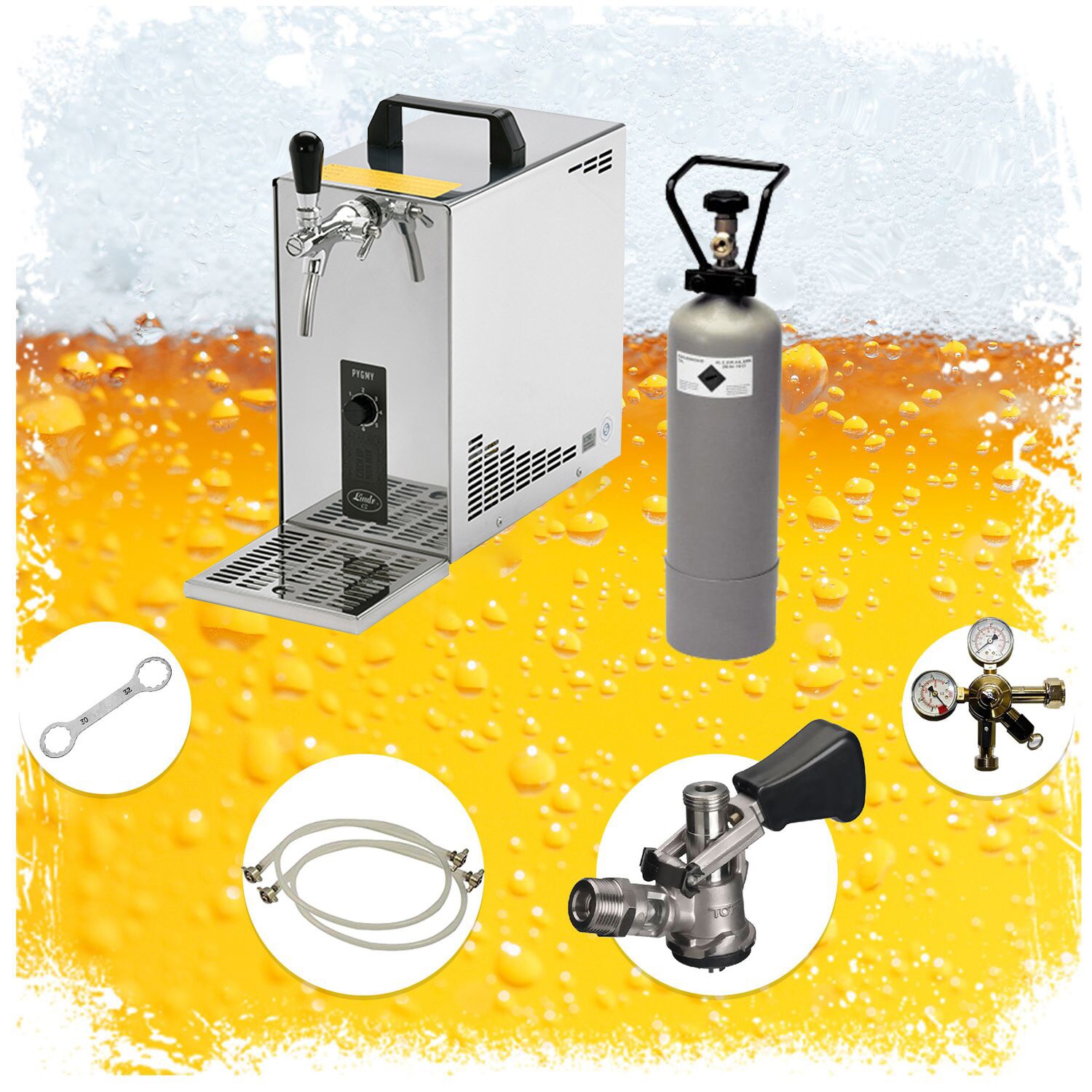 Komplett Set - Zapfanlage, Bierzapfanlage, Bierkoffer, Durchlaufkühler PYGMY 25 LE, 1-leitig Trockenkühler, 30 Liter/h, Green Line, 5 Liter Adapter