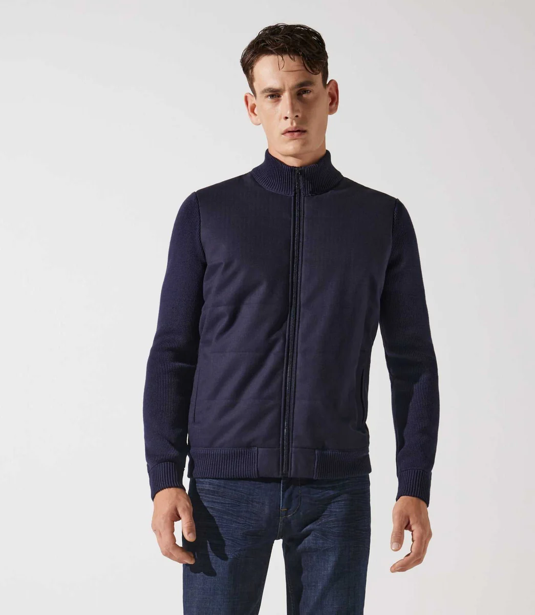 Gilet zippé col rond mix matière marine