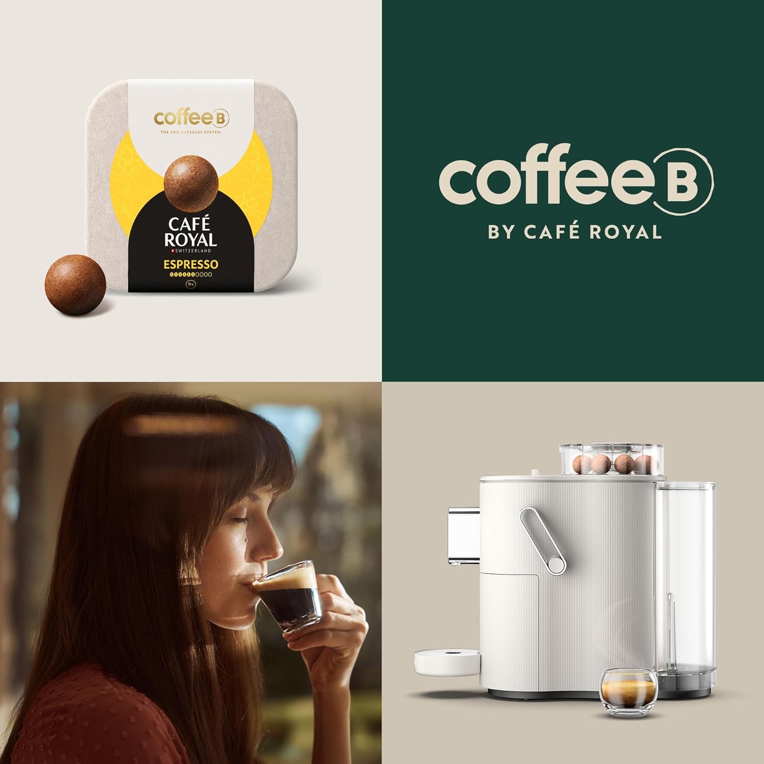 CoffeeB Kaffeemaschine Globe weiß 1,3 l by Café Royal + 90 Coffee Balls Espresso – 100% kompostierbar