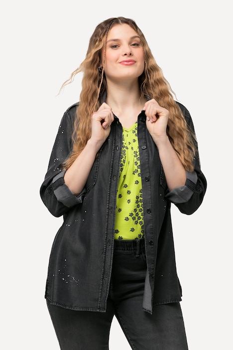 Jeansbluse, Acid Wash, Hemdkragen, Langarm