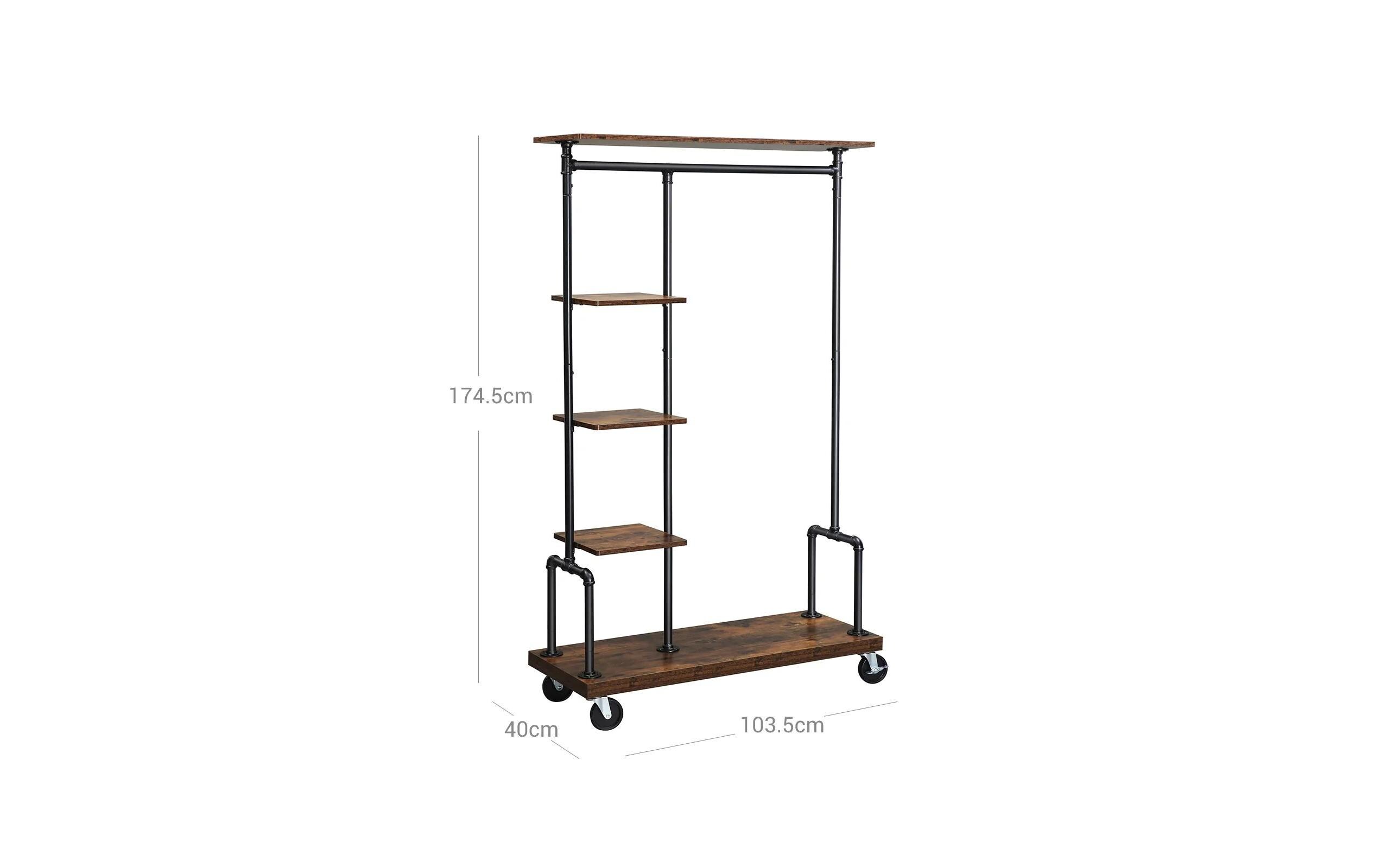 Garderobe auf Rollen 174.5 cm, Braun/Schwarz<br>Kleiderständer mit 5 Ablagen