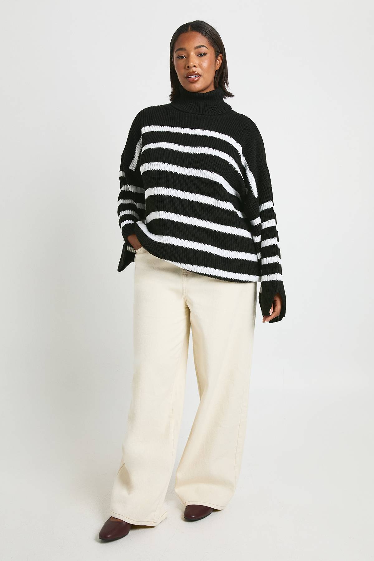 boohoo Plus Pull en Tricot à Col Roulé Rayé