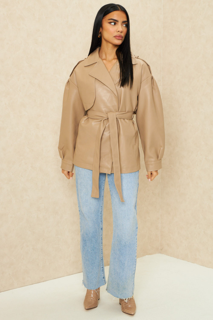 Veste en simili cuir beige foncé