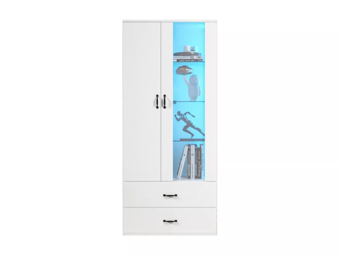 Vitrine avec 2 porte et 2 tiroirs et LED - Hauteur 180cm - Blanc