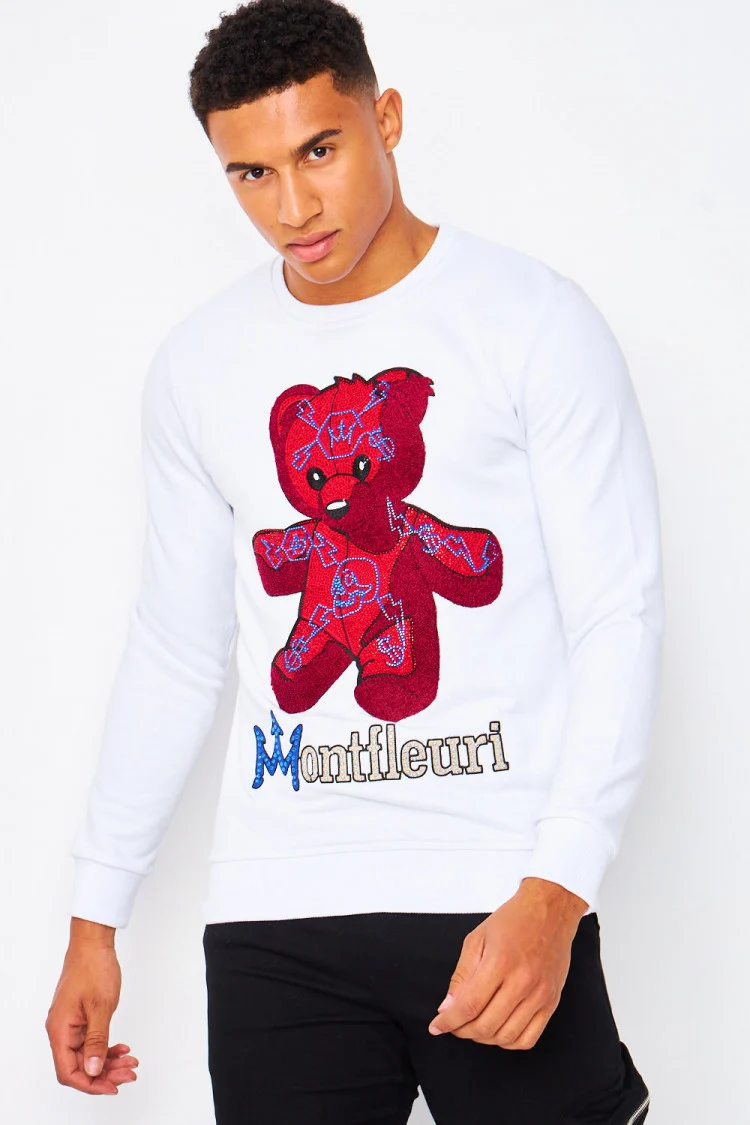 Sweat blanc Ourson rouge en strass