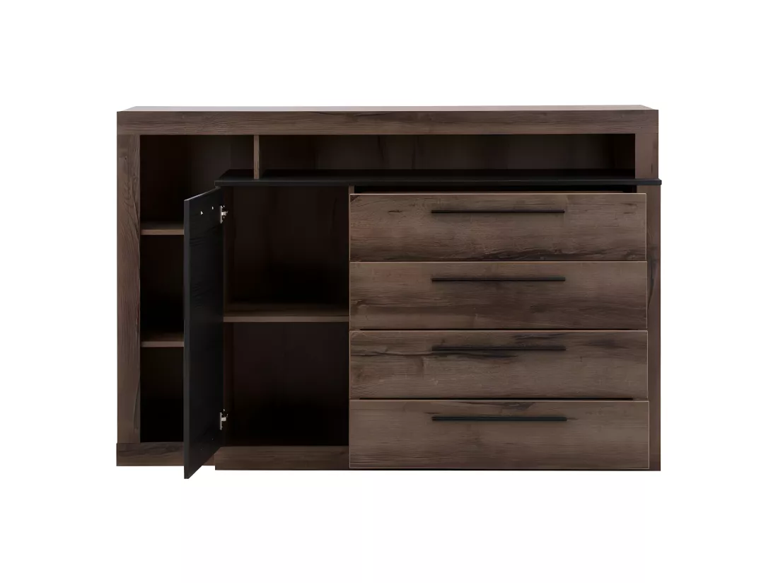 Commode 4 tiroirs 1 porte décor chêne foncé et noir - RIVIERA