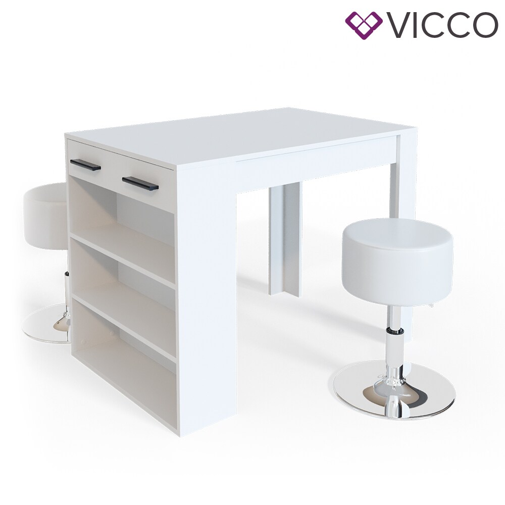 Vicco Bartisch Esstisch Tisch Bistrotisch Essplatz Schublade Regal Bar Weiß inkl. Barhocker