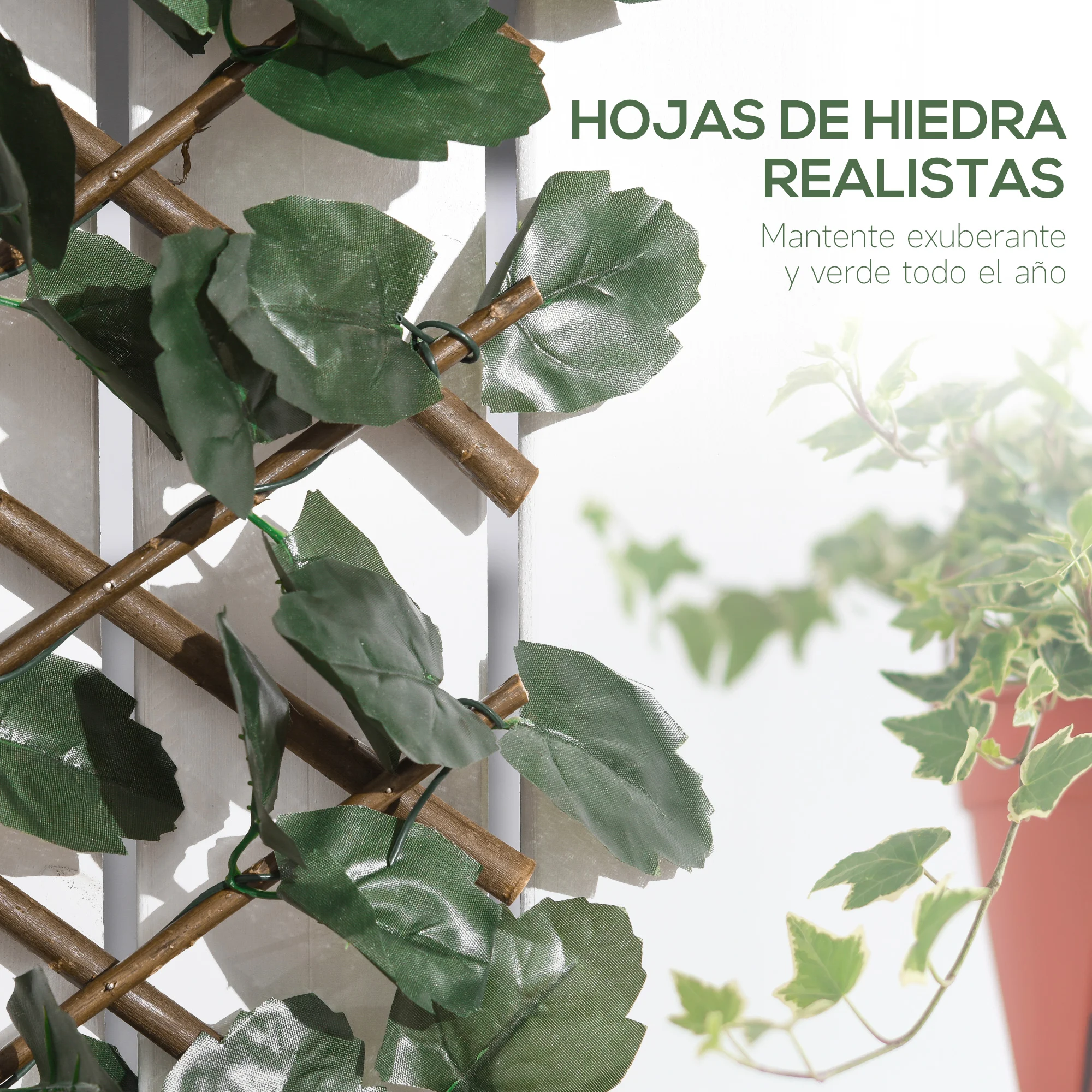 Treliça expansível Outsunny de 2 peças com folhas artificiais, 295x70 cm, treliça de vime extensível, tela de privacidade para jardim, verde