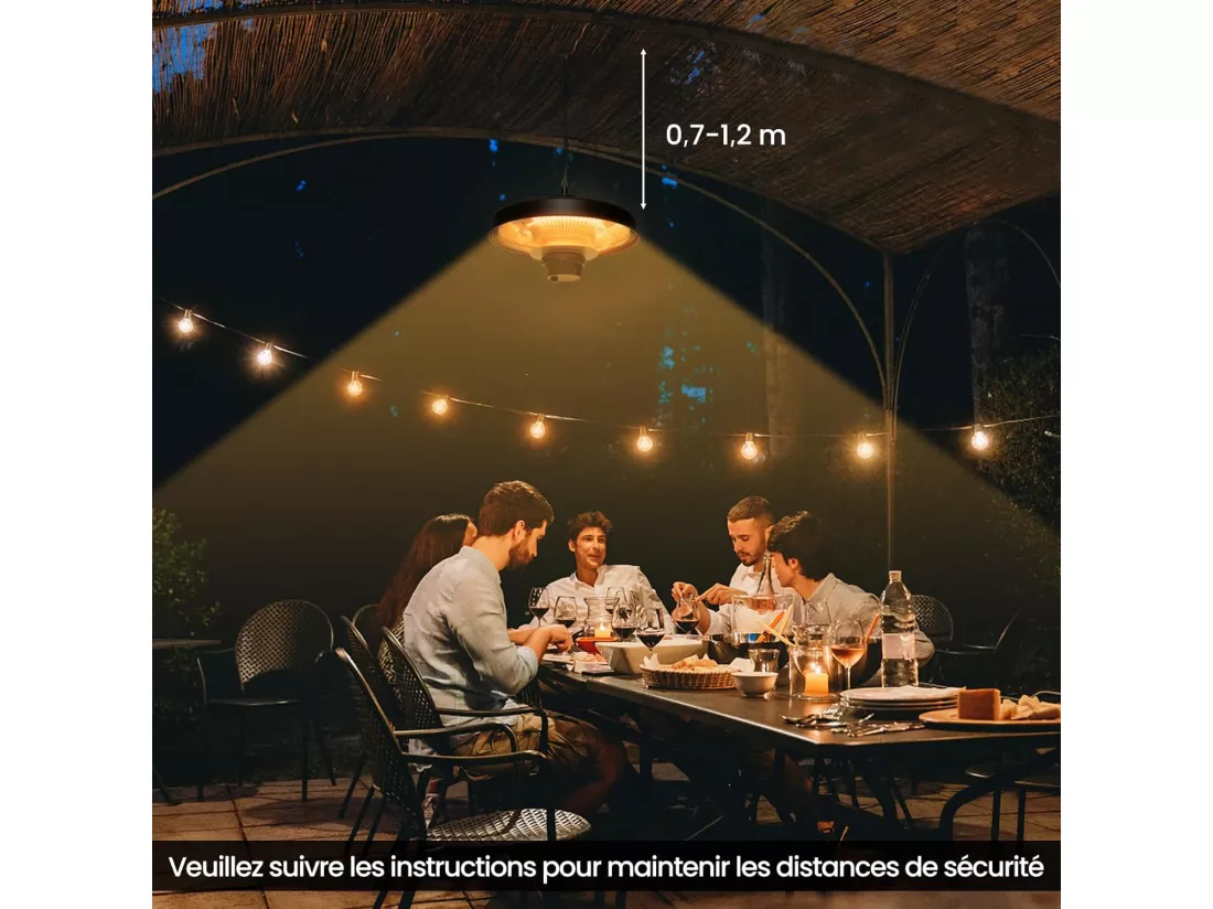 Chauffage Électrique Suspendu à InfraRouge 2000 W, Chauffage Radiant de Plafond Extérieur Étanche IP65 Protection Contre la Surchauffe, pour Porche Terrasse Tonnelle