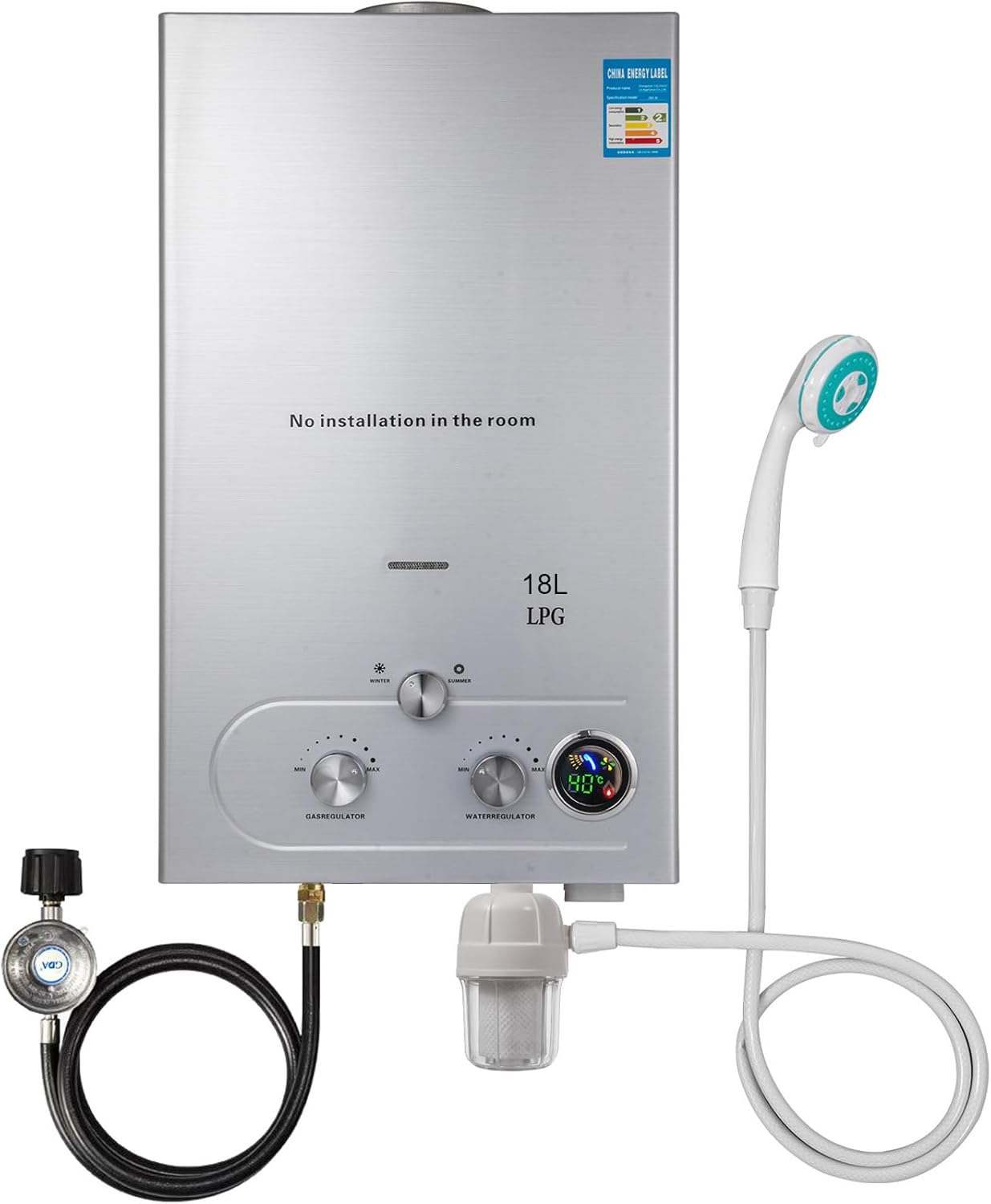 LPG Flüssiggas-Durchlauferhitzer, 18 L, 36 kW, LPG, tankloser Warmwasserbereiter mit verzinktem Duschkopf und Duschschlauch, für Bad/Küche/Wohnmobil (Silber, 18 L)