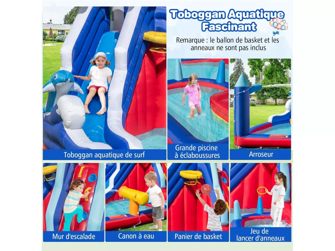 6 en 1 Château Gonflable en Forme Dauphin avec Toboggan & Mur d’Escalade, Aire de Jeux Gonflable avec Piscine & Canon à Eau, Charge 90kg pour 2 Enfants de 3-10 Ans, 413x300x235CM