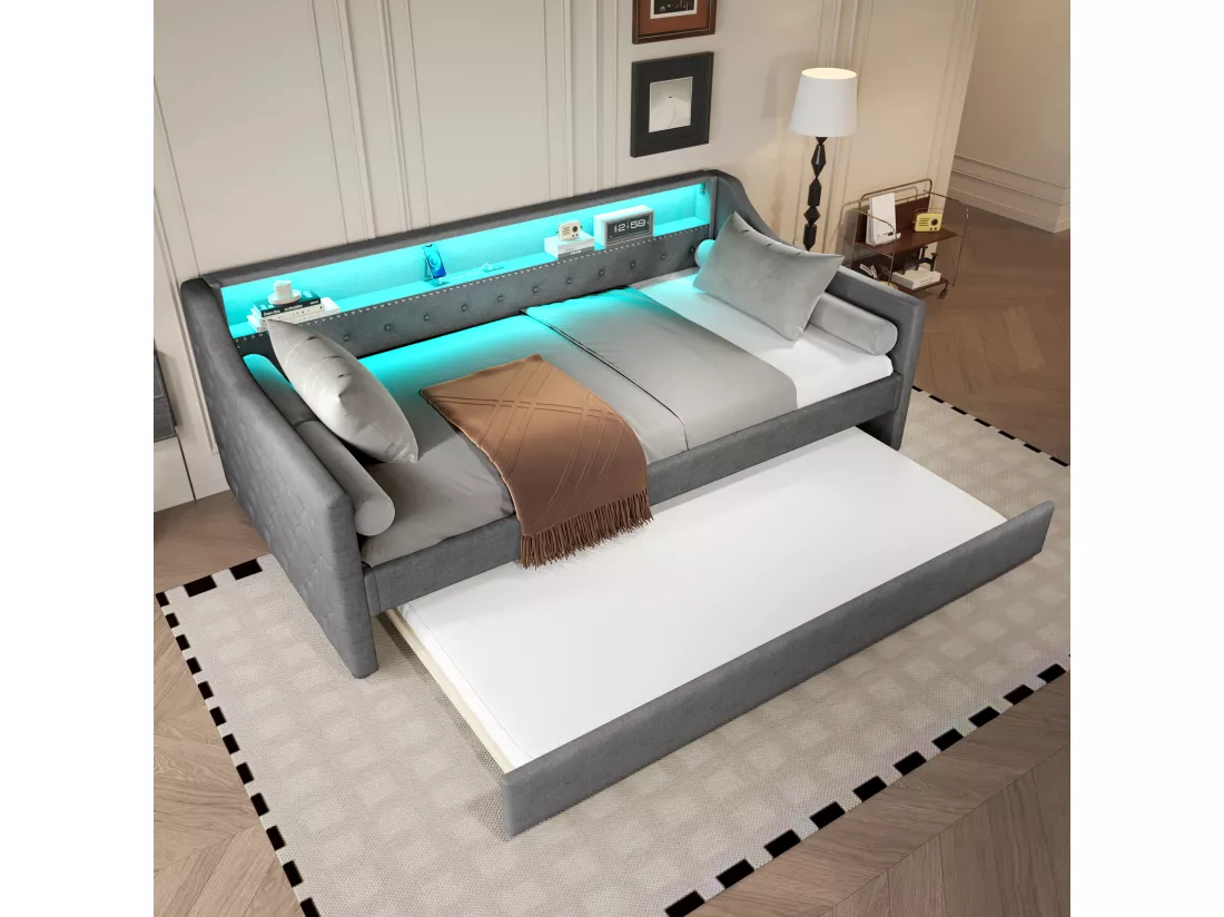 Canapé-lit 90 x 200 cm - avec éclairage LED - avec lit gigogne - avec USB - lin - avec sommier à lattes - gris