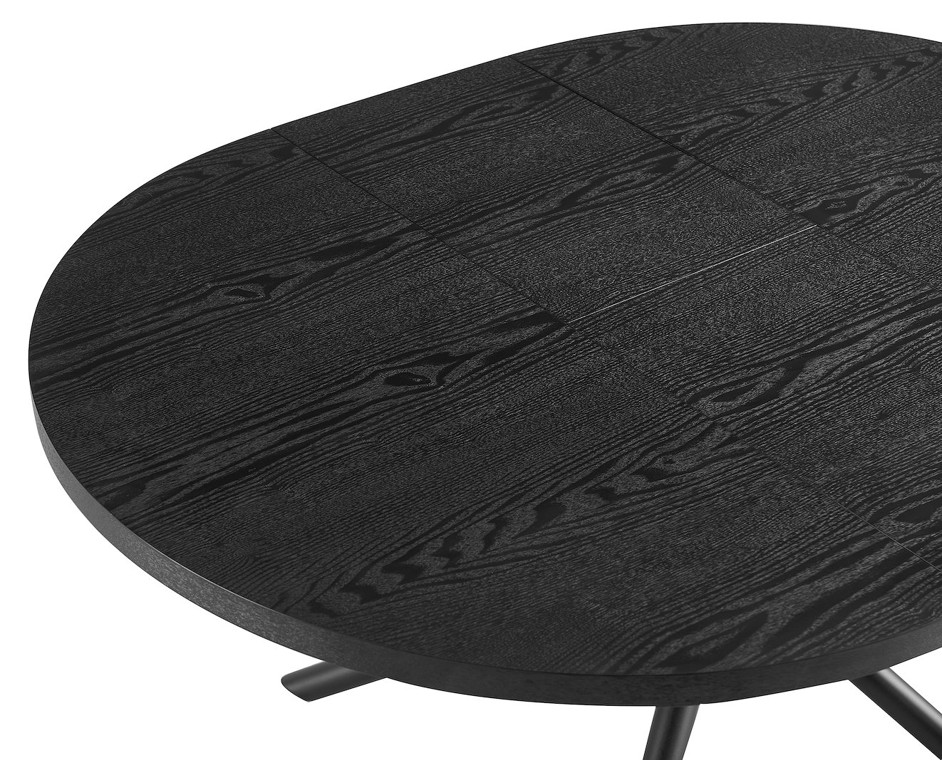 Malin rundt spisebord Ø120 cm. Sortbeiset eik finer plate med sortlakkerte stålben. Innebygd tilleggsplate.