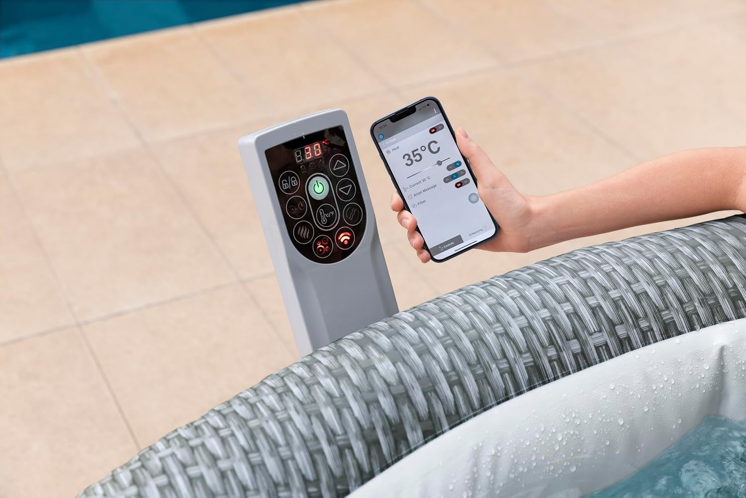 Bestway Lay-Z-SPA Energiespar-Whirlpool Bali AirJet, Ø196x71cm, 6 Personen, Heizung, Frostwächter, 140 AirJet-Düsen, App-Steuerung, UltraFit-Pumpeneinheit, Thermo-Abdeckung, Rattan, GS-Zertifiziert
