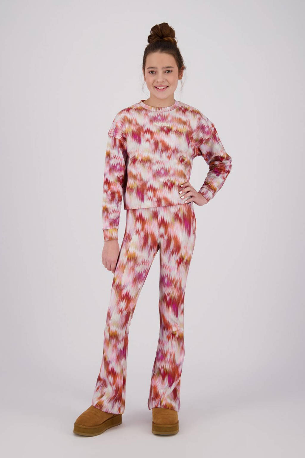 Raizzed flared broek Tine met all over print beige/rood/oranje