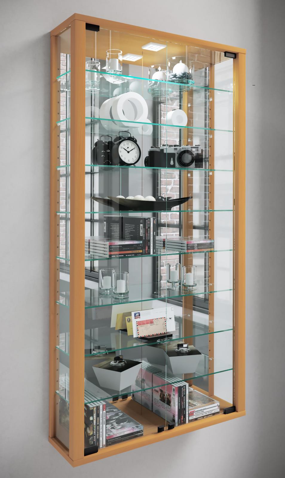 Wandvitrine VITROSA MAXI - Buche - mit Rückwandspiegel und Beleuchtung - 59 cm