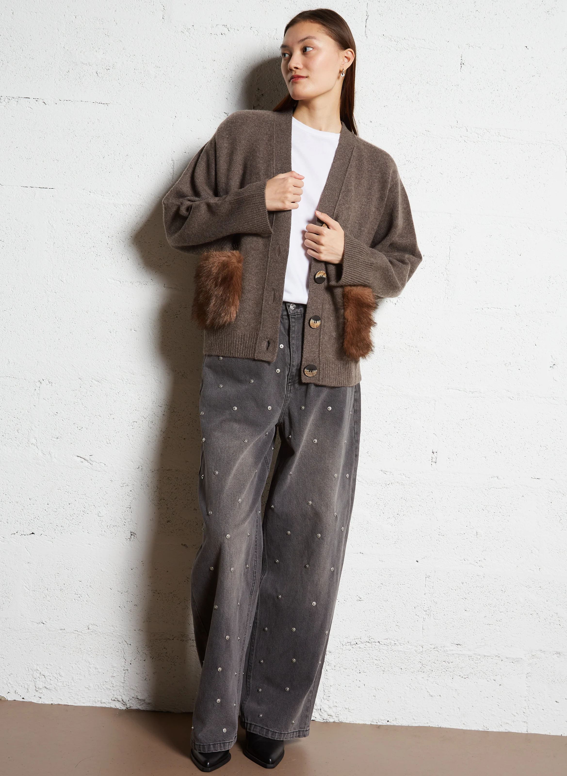 GREGORIA - Cardigan effet fourrure en laine et cachemire | Marron