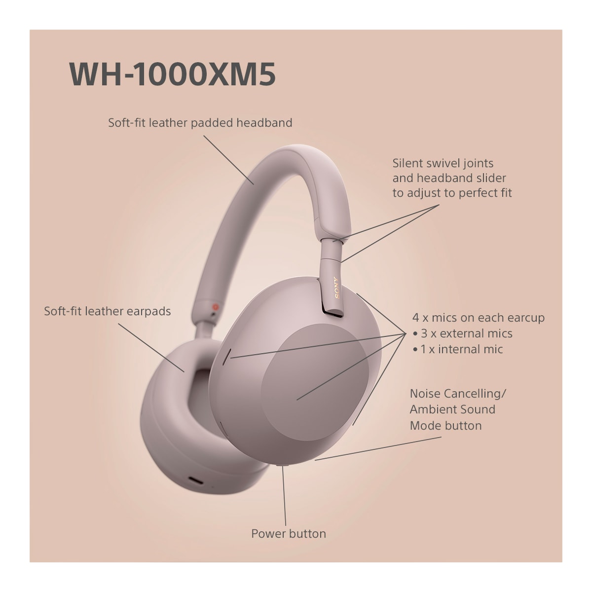 Sony WH-1000XM5 trådløse around-ear hodetelefoner (smoky pink)