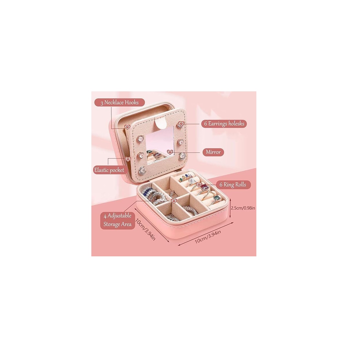 Reise smykkeskrin etui med speil Rosa Model B