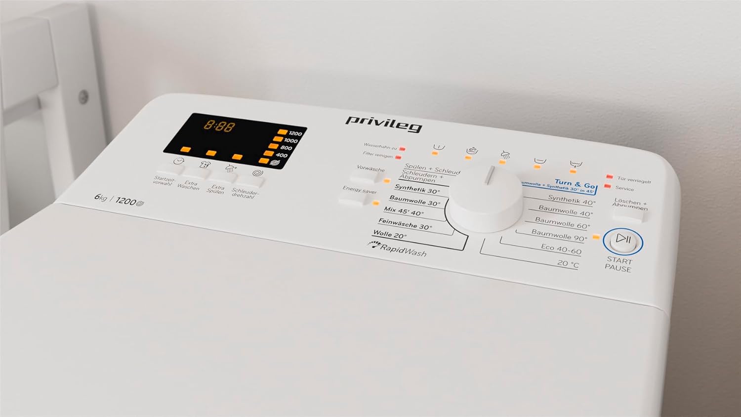 Privileg PWT C S6245E Waschmaschine Toplader/1200 UpM/6 kg/EEK C/Turn&Go Programm/Rapid Wash/Automatische Trommelpositionierung/Extra Spülen/Energy Saver/Mehrfachwasserschutz/Extra Waschen