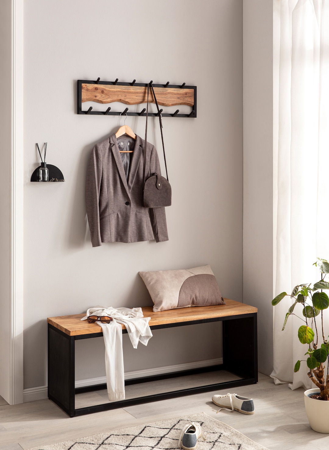 CASAVANTI Wandgarderobe Akazie Massivholz/Metall 80x20x8 cm schwarz/braun